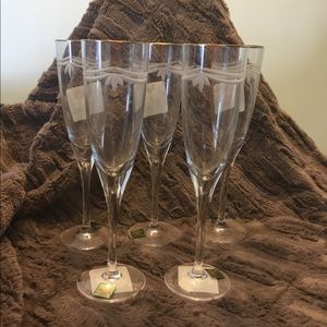 🦌 6 Waterford Vintage Champagne Flutes Etched Detail,Gold Trim,Never Used